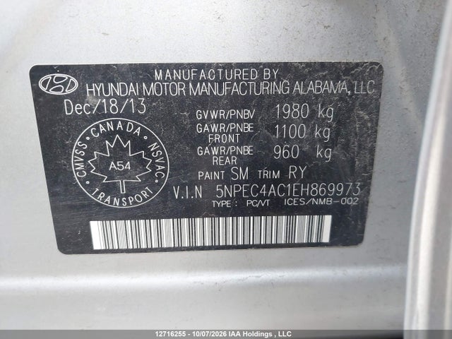 2014 Hyundai Sonata მანქანა იყიდება აუქციონზე, vin: 5NPEC4AC1EH869973, აუქციონის ნომერი: 12716255