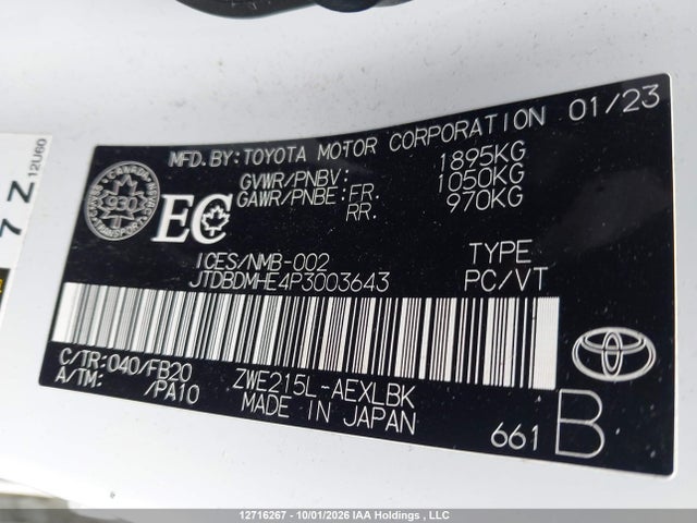 Aukcja sprzedaży 2023 Toyota Corolla Hybrid Le, vin: JTDBDMHE4P3003643, numer aukcji: 12716267