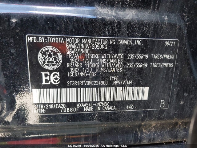 2T3R1RFV0MC234900 Toyota Rav4 Xle