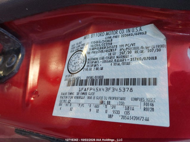 2003 Ford Mustang Gt მანქანა იყიდება აუქციონზე, vin: 1FAFP45X43F345378, აუქციონის ნომერი: 12716342