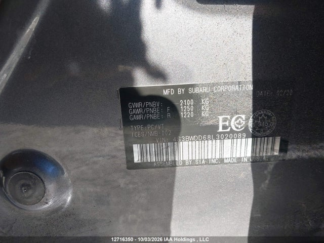 2020 Subaru Legacy Touring მანქანა იყიდება აუქციონზე, vin: 4S3BWDD68L3020089, აუქციონის ნომერი: 12716350