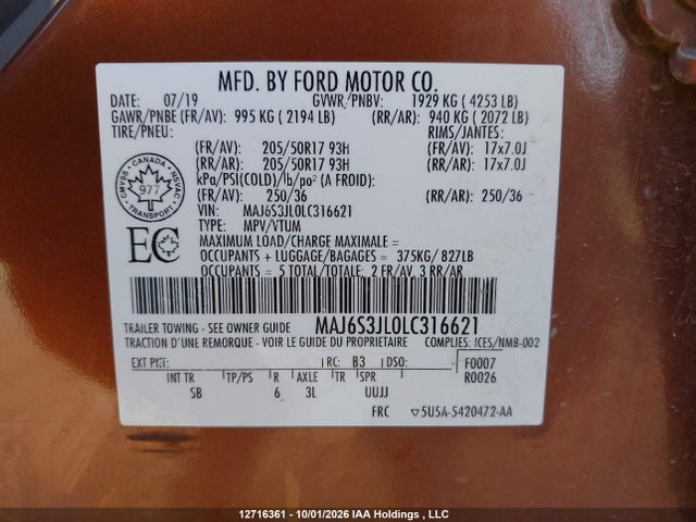 2020 Ford Ecosport Ses მანქანა იყიდება აუქციონზე, vin: MAJ6S3JL0LC316621, აუქციონის ნომერი: 12716361