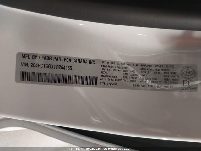 Продаж на аукціоні авто 2026 Chrysler Pacifica Limited, vin: 2C4RC1GGXTR264165, номер лоту: 12716374