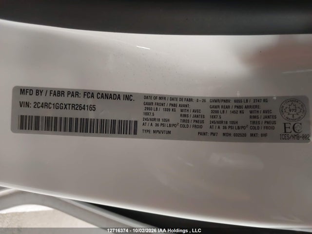 Продаж на аукціоні авто 2026 Chrysler Pacifica Limited, vin: 2C4RC1GGXTR264165, номер лоту: 12716374