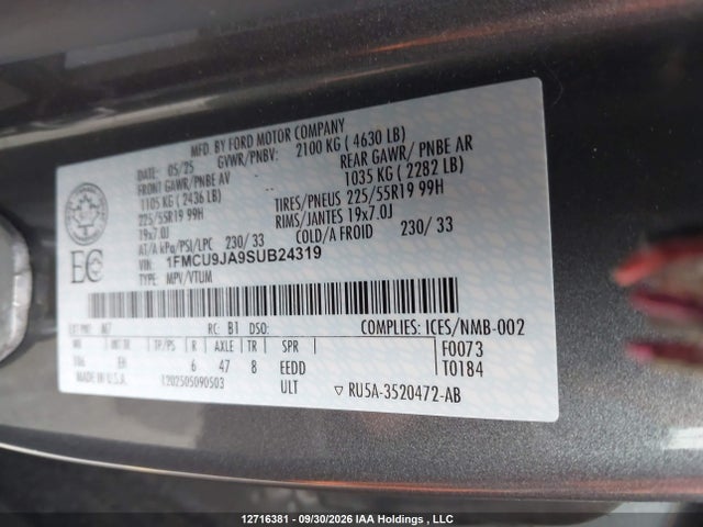 Продажа на аукционе авто 2025 Ford Escape Platinum, vin: 1FMCU9JA9SUB24319, номер лота: 12716381