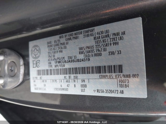 Продажа на аукционе авто 2025 Ford Escape Platinum, vin: 1FMCU9JA9SUB24319, номер лота: 12716381