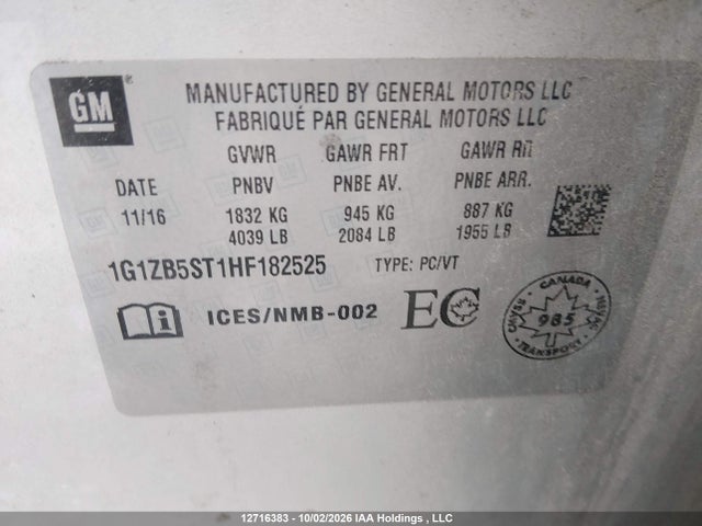 12716383 :رقم المزاد ، 1G1ZB5ST1HF182525 vin ، 2017 Chevrolet Malibu Ls مزاد بيع