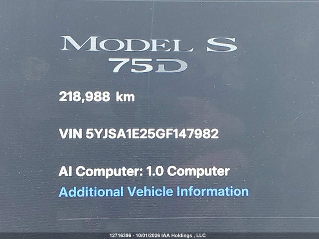 12716396 :رقم المزاد ، 5YJSA1E25GF147982 vin ، 2016 Tesla Model S 60d/70d/75d/85d/90d مزاد بيع