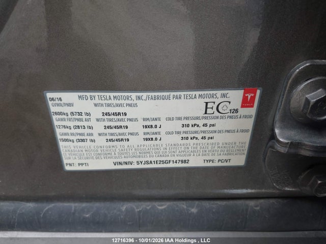12716396 :رقم المزاد ، 5YJSA1E25GF147982 vin ، 2016 Tesla Model S 60d/70d/75d/85d/90d مزاد بيع