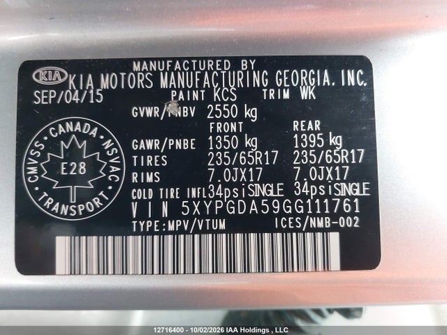 Продаж на аукціоні авто 2016 Kia Sorento 3.3l Lx +, vin: 5XYPGDA59GG111761, номер лоту: 12716400