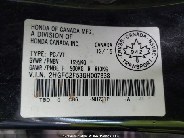 Honda Civic Lx 2016 2HGFC2F53GH007838 Image 18