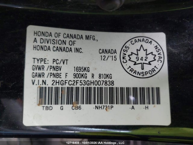 Honda Civic Lx 2016 2HGFC2F53GH007838 Image 9