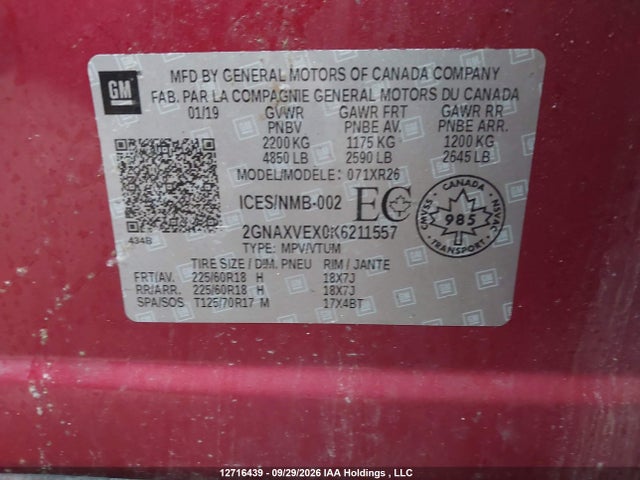 2GNAXVEX0K6211557 Chevrolet EQUINOX LT