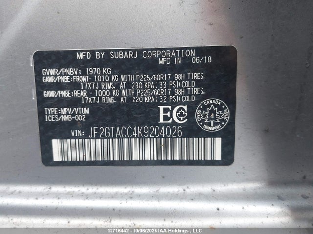 Продаж на аукціоні авто 2019 Subaru Crosstrek Touring, vin: JF2GTACC4K9204026, номер лоту: 12716442