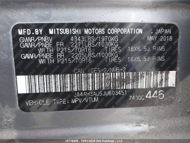 Aukcja sprzedaży 2018 Mitsubishi Rvr Es/se, vin: JA4AH3AU5JU603451, numer aukcji: 12716458