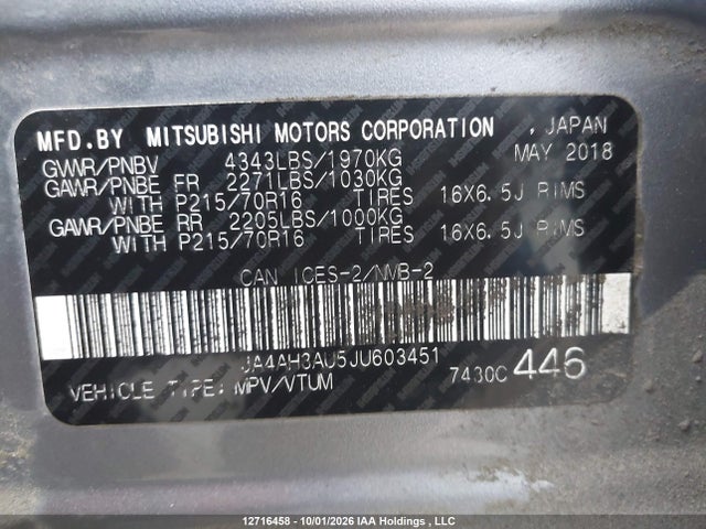 Aukcja sprzedaży 2018 Mitsubishi Rvr Es/se, vin: JA4AH3AU5JU603451, numer aukcji: 12716458