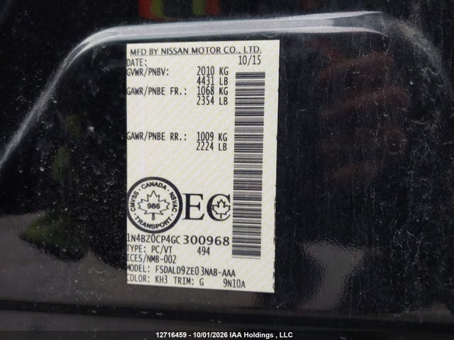1N4BZ0CP4GC300968 Nissan Leaf S/sl/sv
