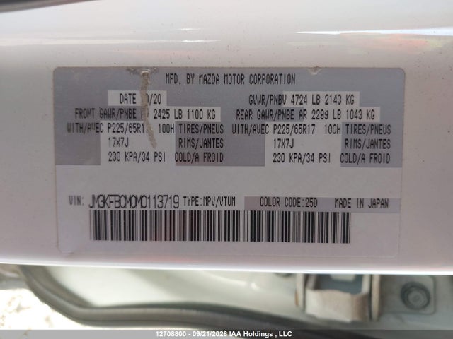 Aukcja sprzedaży 2021 Mazda Cx-5, vin: JM3KFBCM0M0113719, numer aukcji: 12708800