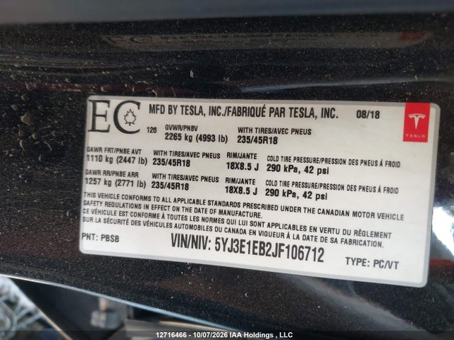 Продаж на аукціоні авто 2018 Tesla Model 3 Long Range/performance, vin: 5YJ3E1EB2JF106712, номер лоту: 12716466