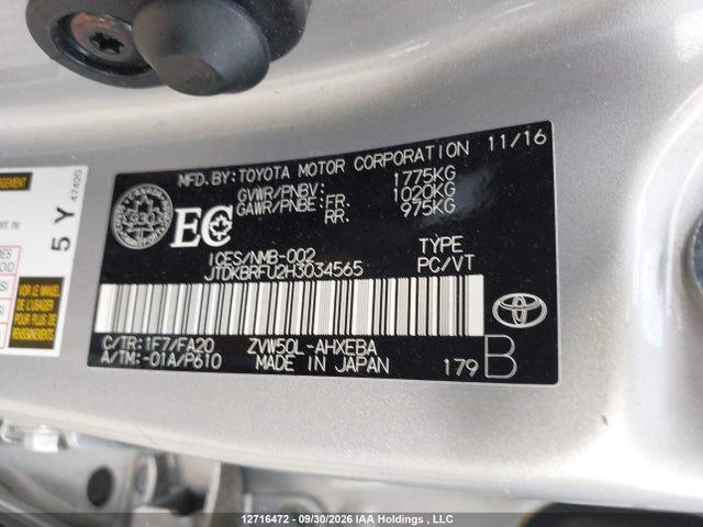 2017 Toyota Prius მანქანა იყიდება აუქციონზე, vin: JTDKBRFU2H3034565, აუქციონის ნომერი: 12716472