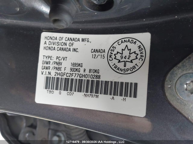 2016 Honda Civic Ex მანქანა იყიდება აუქციონზე, vin: 2HGFC2F77GH010288, აუქციონის ნომერი: 12716479