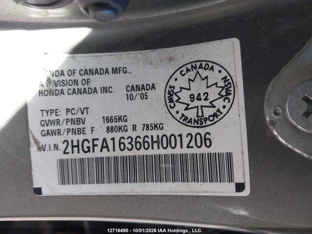 Aukcja sprzedaży 2006 Honda Civic Dx-g, vin: 2HGFA16366H001206, numer aukcji: 12716490