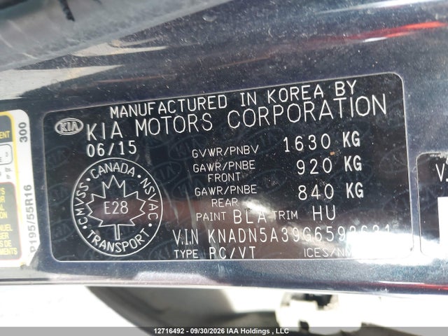 KNADN5A39G6593631 KIA Rio Ex/ex+ W/sunroof/lx/lx+/lx+ Eco/sx