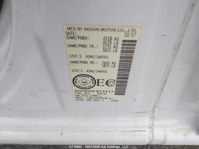 12716502 :رقم المزاد ، 5BZBF0AA4HN853417 vin ، 2017 Nissan Nv Passenger Nv3500 Hd Sv V6 مزاد بيع
