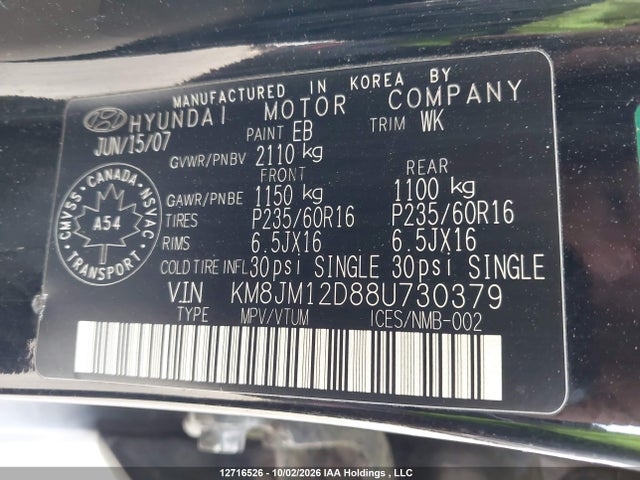Aukcja sprzedaży 2008 Hyundai Tucson Gl V6/limited, vin: KM8JM12D88U730379, numer aukcji: 12716526