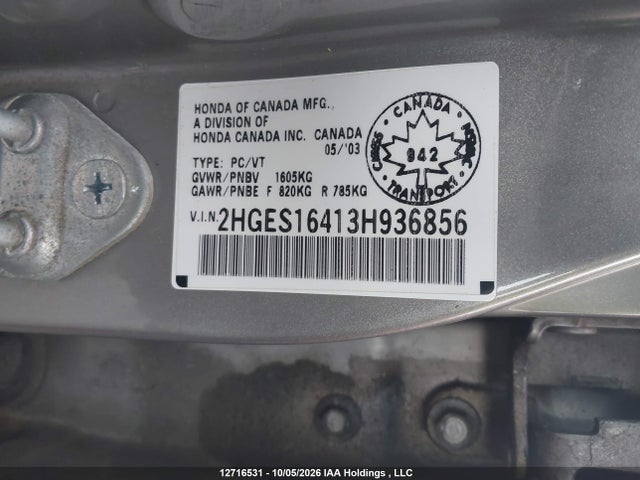 Продаж на аукціоні авто 2003 Honda Civic Dx, vin: 2HGES16413H936856, номер лоту: 12716531