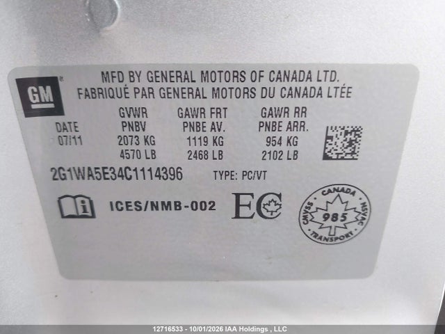 Aukcja sprzedaży 2012 Chevrolet Impala Ls, vin: 2G1WA5E34C1114396, numer aukcji: 12716533