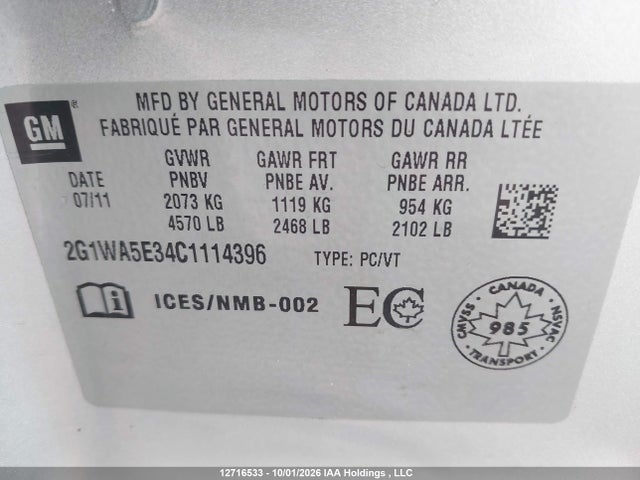 Aukcja sprzedaży 2012 Chevrolet Impala Ls, vin: 2G1WA5E34C1114396, numer aukcji: 12716533