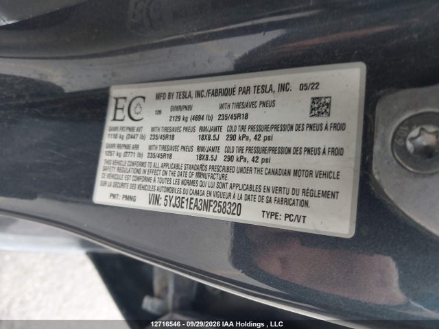 Продаж на аукціоні авто 2022 Tesla Model 3, vin: 5YJ3E1EA3NF258320, номер лоту: 12716546