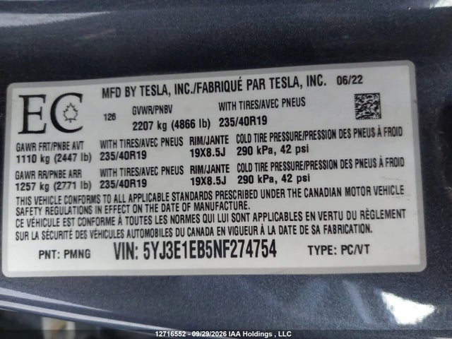Продаж на аукціоні авто 2022 Tesla Model 3, vin: 5YJ3E1EB5NF274754, номер лоту: 12716552