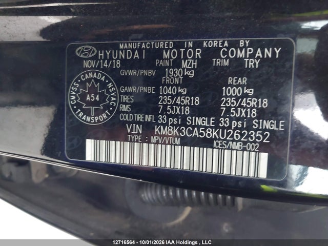 Продажа на аукционе авто 2019 Hyundai Kona Limited, vin: KM8K3CA58KU262352, номер лота: 12716564