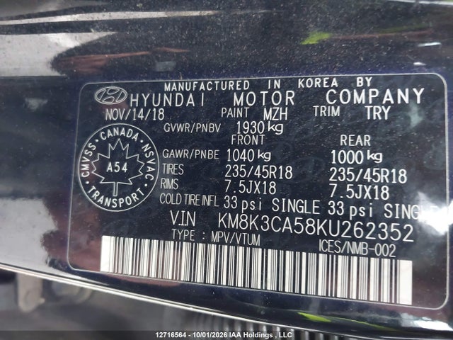 Продажа на аукционе авто 2019 Hyundai Kona Limited, vin: KM8K3CA58KU262352, номер лота: 12716564