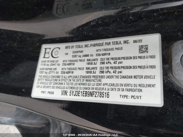 Продажа на аукционе авто 2022 Tesla Model 3, vin: 5YJ3E1EB9NF278516, номер лота: 12716568