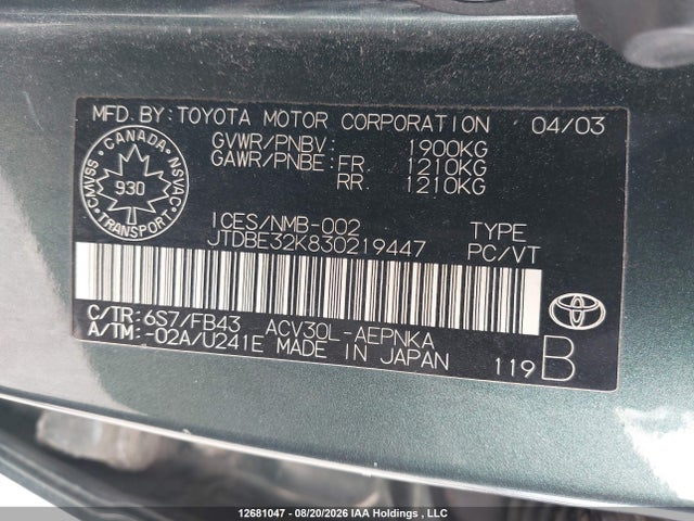 12681047 :رقم المزاد ، JTDBE32K830219447 vin ، 2003 Toyota Camry Le/se/xle مزاد بيع