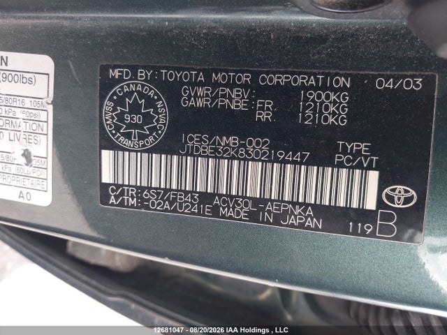 12681047 :رقم المزاد ، JTDBE32K830219447 vin ، 2003 Toyota Camry Le/se/xle مزاد بيع