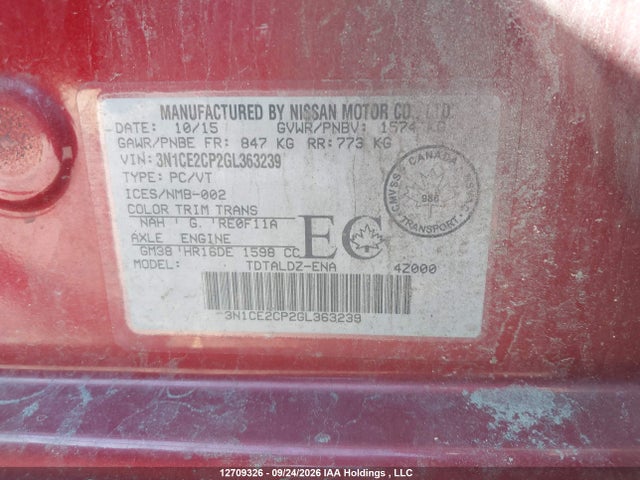12709326 :رقم المزاد ، 3N1CE2CP2GL363239 vin ، 2016 Nissan Versa Note 1.6 S/1.6 Sl/1.6 Sr/1.6 Sv مزاد بيع
