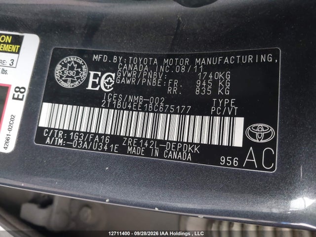 Продаж на аукціоні авто 2011 Toyota Corolla Ce, vin: 2T1BU4EE1BC675177, номер лоту: 12711400