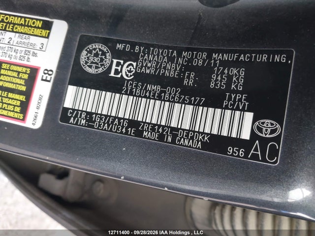 Продаж на аукціоні авто 2011 Toyota Corolla Ce, vin: 2T1BU4EE1BC675177, номер лоту: 12711400