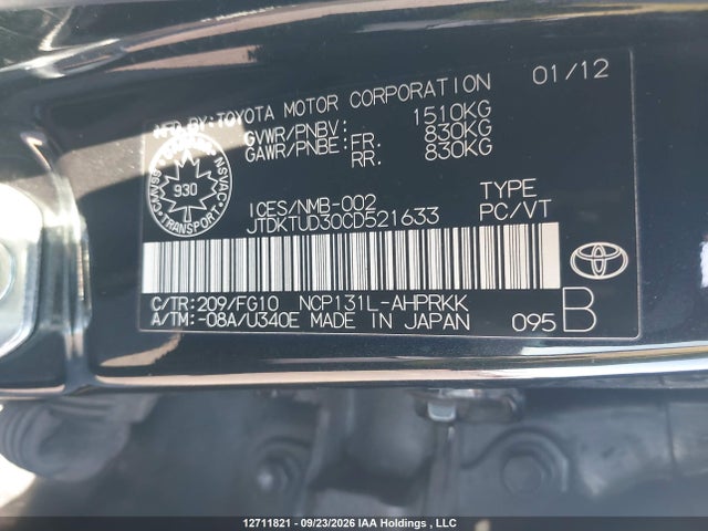 Продаж на аукціоні авто 2012 Toyota Yaris Le, vin: JTDKTUD30CD521633, номер лоту: 12711821