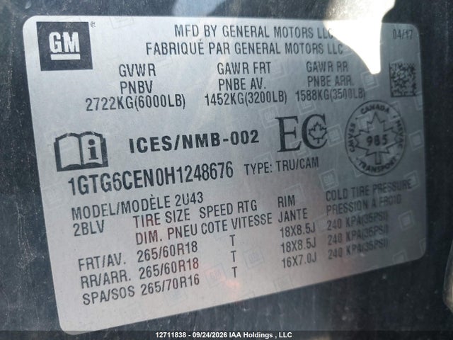 Aukcja sprzedaży 2017 Gmc Canyon 4wd Sle, vin: 1GTG6CEN0H1248676, numer aukcji: 12711838