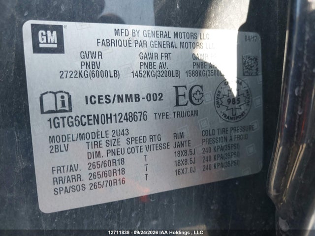 Aukcja sprzedaży 2017 Gmc Canyon 4wd Sle, vin: 1GTG6CEN0H1248676, numer aukcji: 12711838