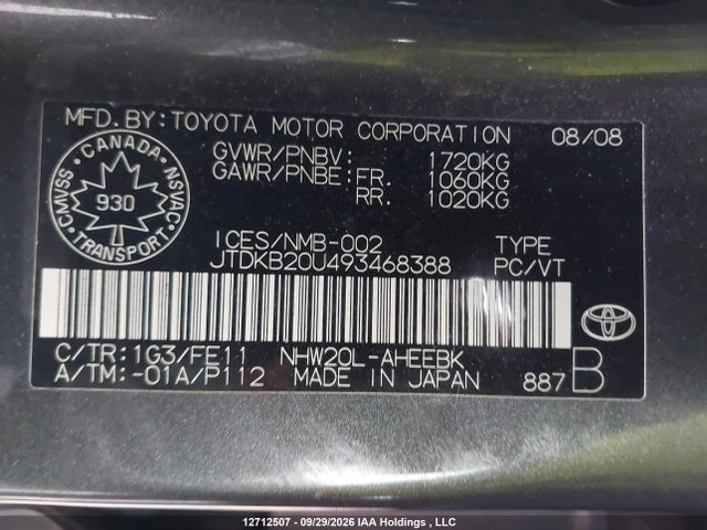 Продаж на аукціоні авто 2009 Toyota Prius, vin: JTDKB20U493468388, номер лоту: 12712507