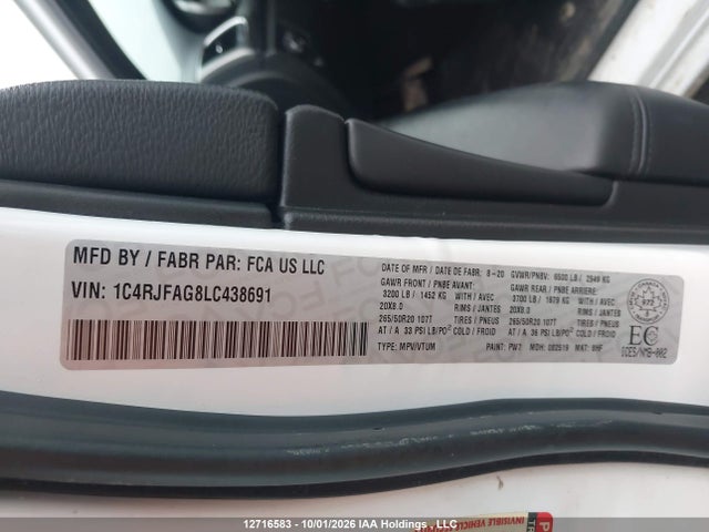 Продаж на аукціоні авто 2020 Jeep Grand Cherokee Laredo, vin: 1C4RJFAG8LC438691, номер лоту: 12716583