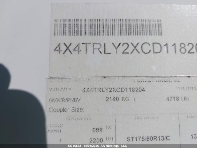 Продаж на аукціоні авто 2012 Forest River , vin: 4X4TRLY2XCD118204, номер лоту: 12716592