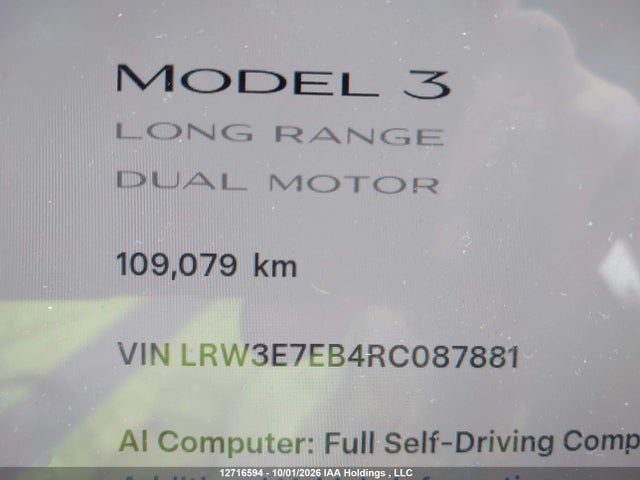 12716594 :رقم المزاد ، LRW3E7EB4RC087881 vin ، 2024 Tesla Model 3 Long Range مزاد بيع