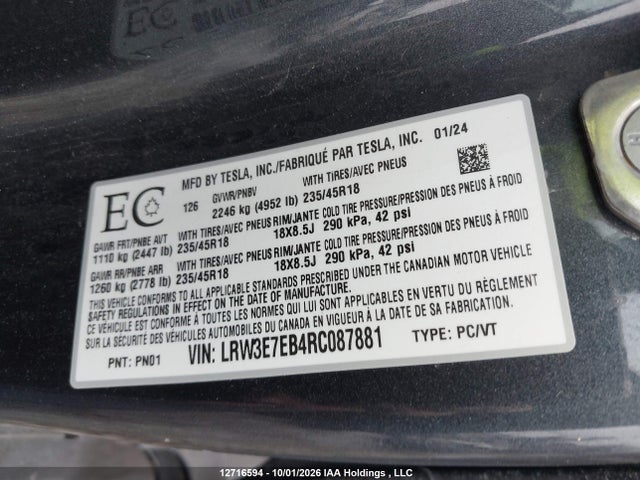 12716594 :رقم المزاد ، LRW3E7EB4RC087881 vin ، 2024 Tesla Model 3 Long Range مزاد بيع